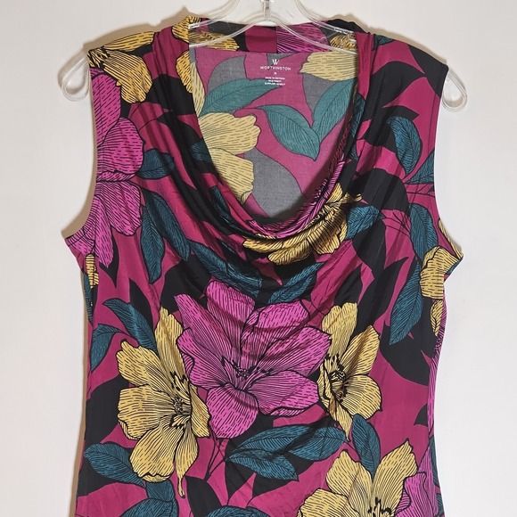 Worthington Top Womens Medium Purple Floral Drape Cowl Sleeveless Tank Silky M - Picture 2 of 12